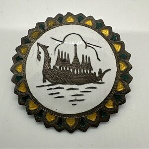 Vintage Dragon Boat Brooch Siam Sterling Silver Enameled White with Green & Gold